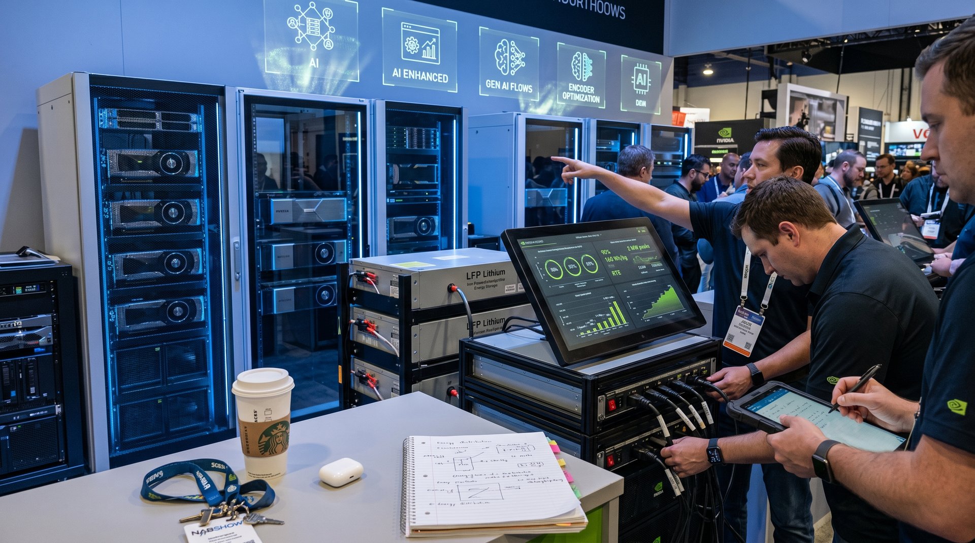 Server racks and UPS battery modules in a high-tech data center powering AI workloads