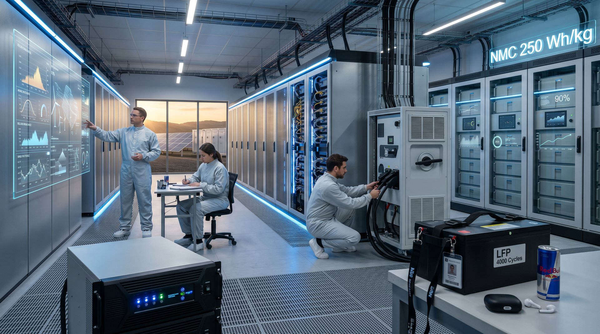 Technician and engineers monitor AI metrics beside battery storage in high-tech data center. (78 chars)