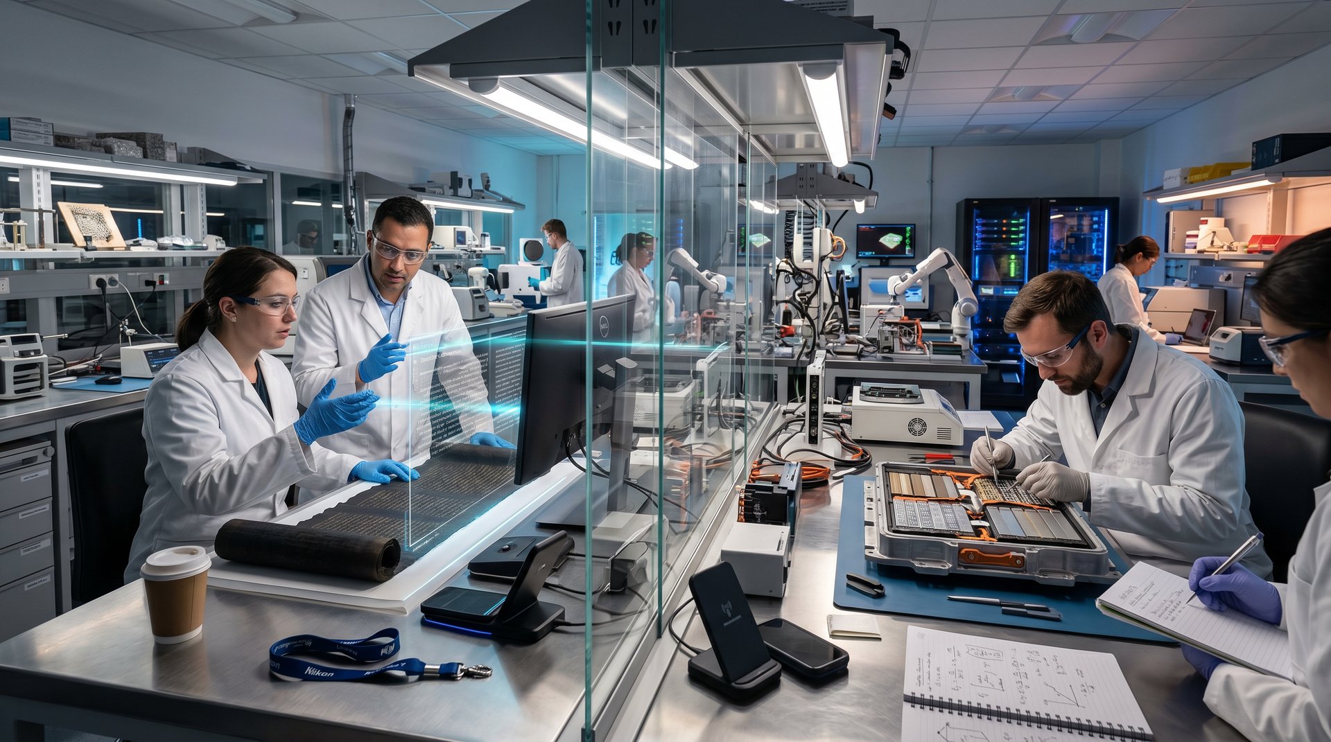 3D renders of AI-unrolled papyrus scroll and sliced EV battery pack in innovative lab with CT scanner beams