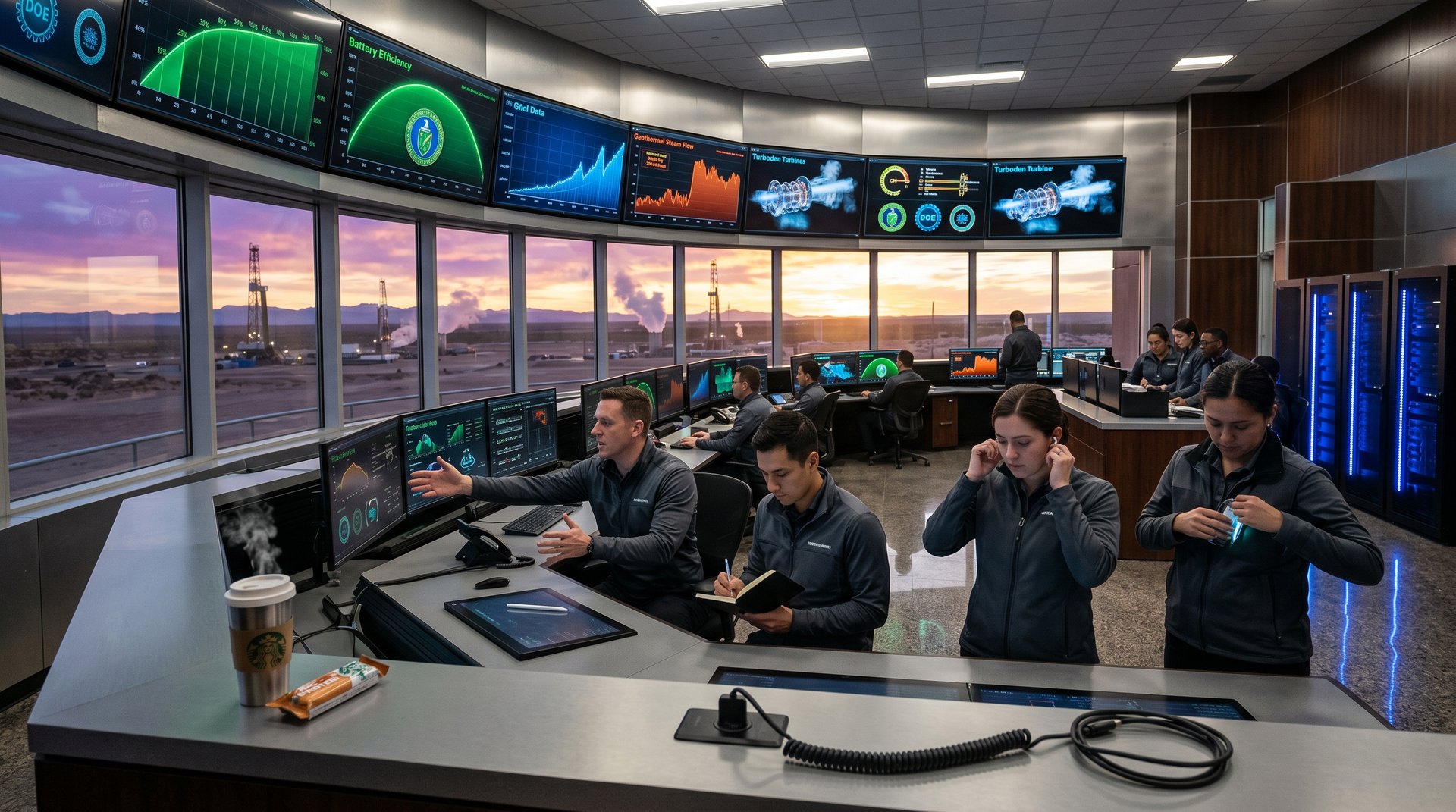 Control room displays EGS geothermal metrics, 150 GW forecasts, storage integration curves, and Turboden schematics in high-tech data center setting.