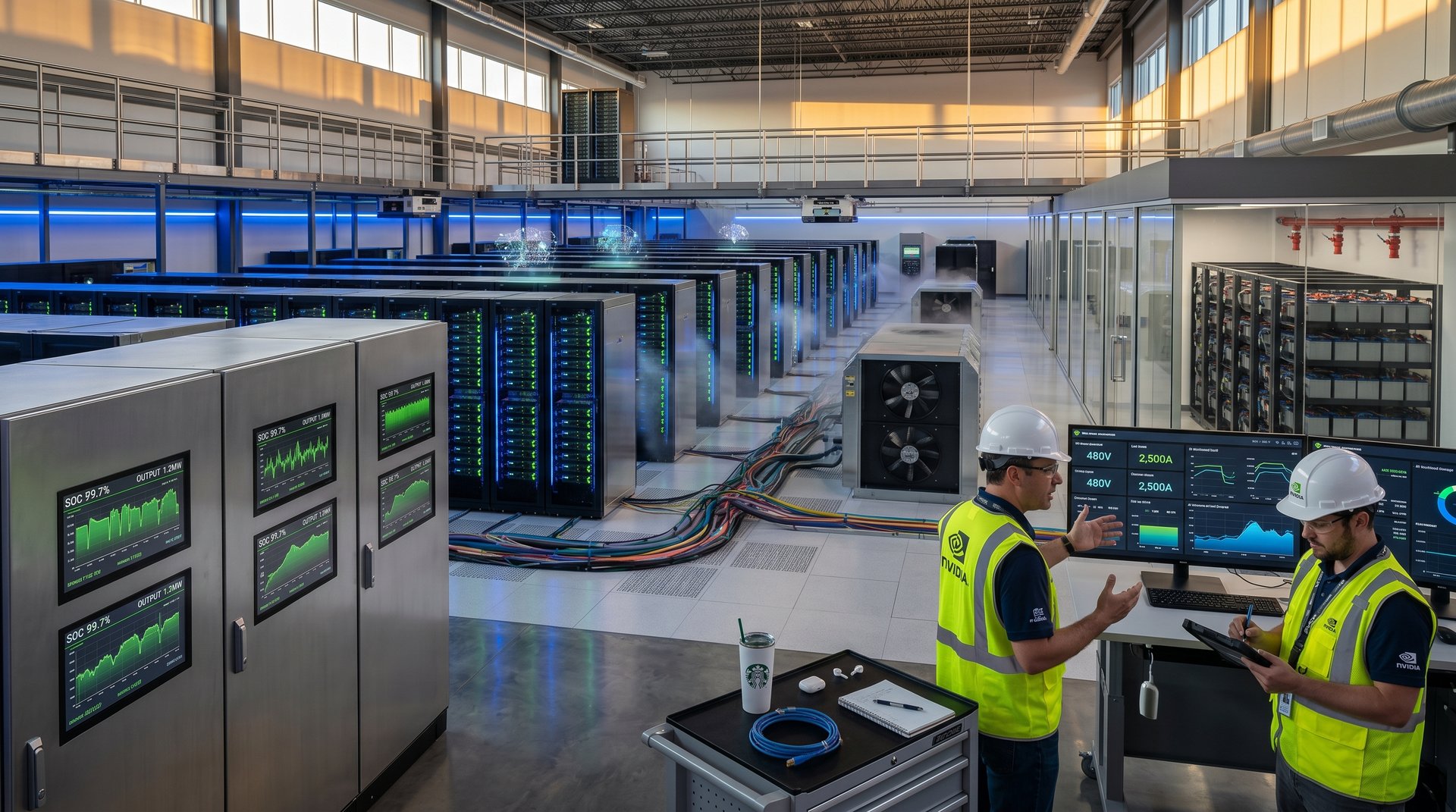 Massive battery modules and server racks in a high-tech data center powering AI compute