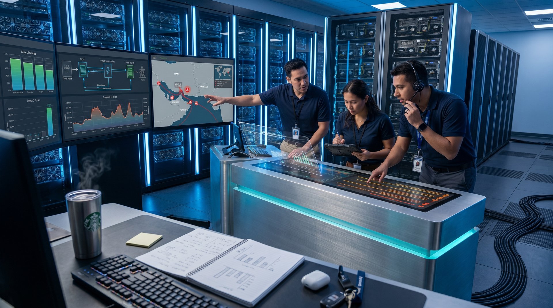 Engineers monitor battery SOC and grid metrics on multi-screen consoles in a premium data center control room overlooking storage racks