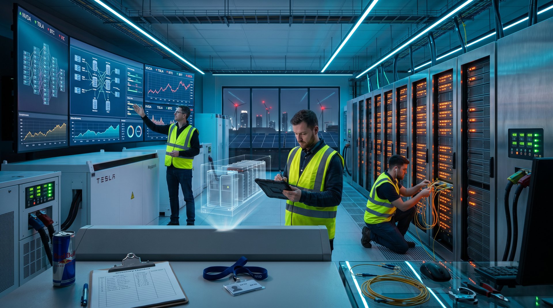 Data center with server racks and battery storage systems, engineers monitoring AI power metrics