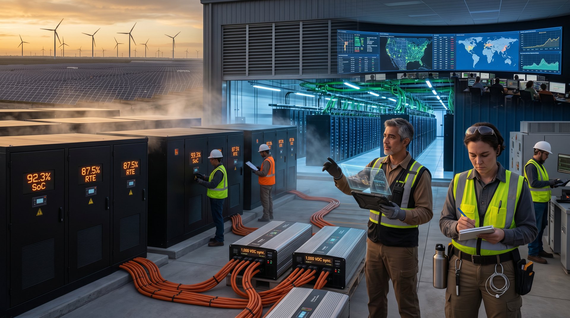 AI data center with battery storage modules, server racks, and screens showing solar-wind grid metrics under LED lights