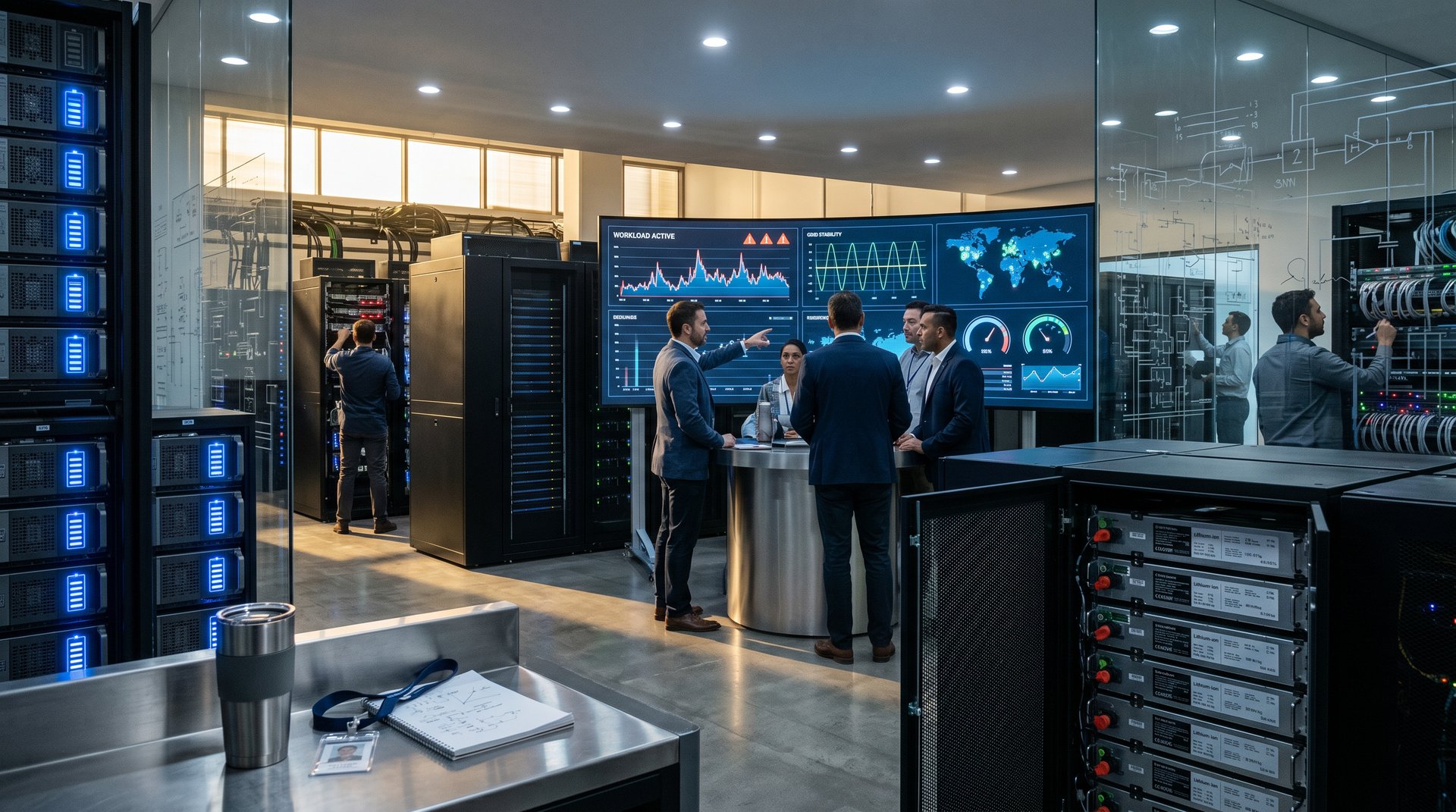 Data center server racks with battery storage modules and power metrics on screens