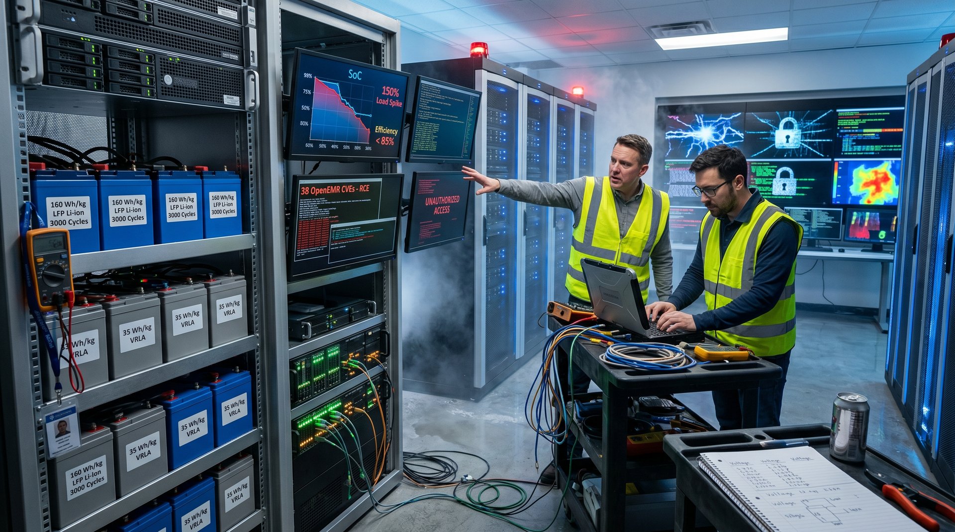 UPS battery racks and monitors showing OpenEMR CVE alerts in hospital power room