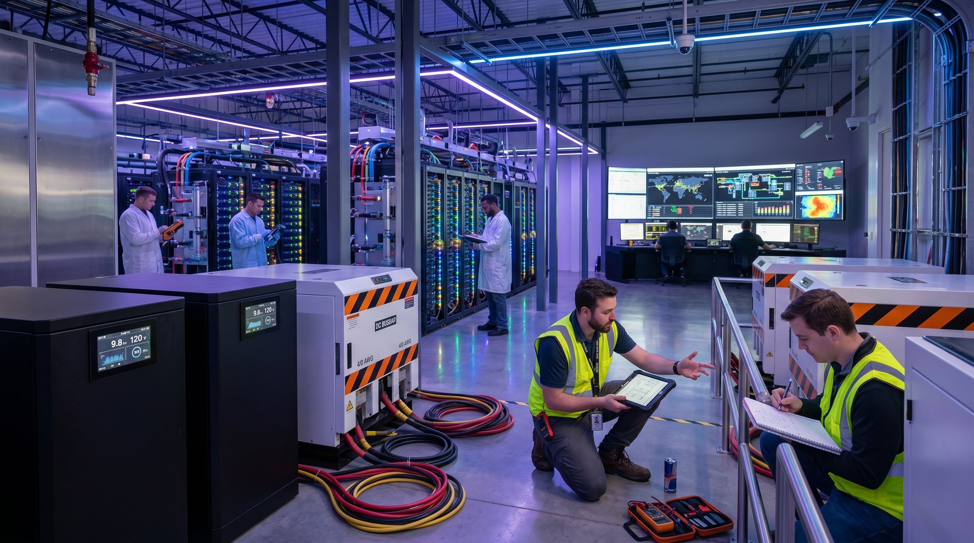 Glowing server racks, battery containers, and NOC screens in Tier IV data center powering AI with grid-scale storage
