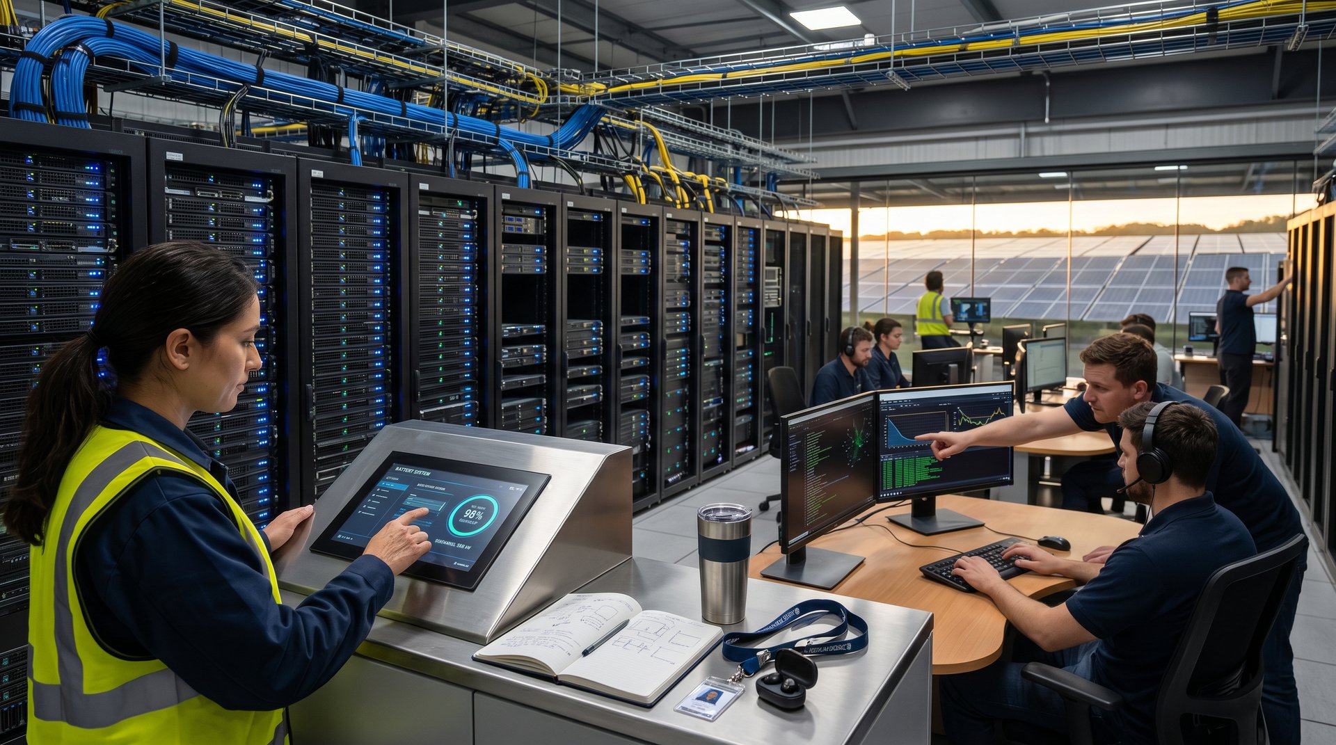 BESS enclosure and GPU server racks in modern AWS data center with monitors displaying power and solar data