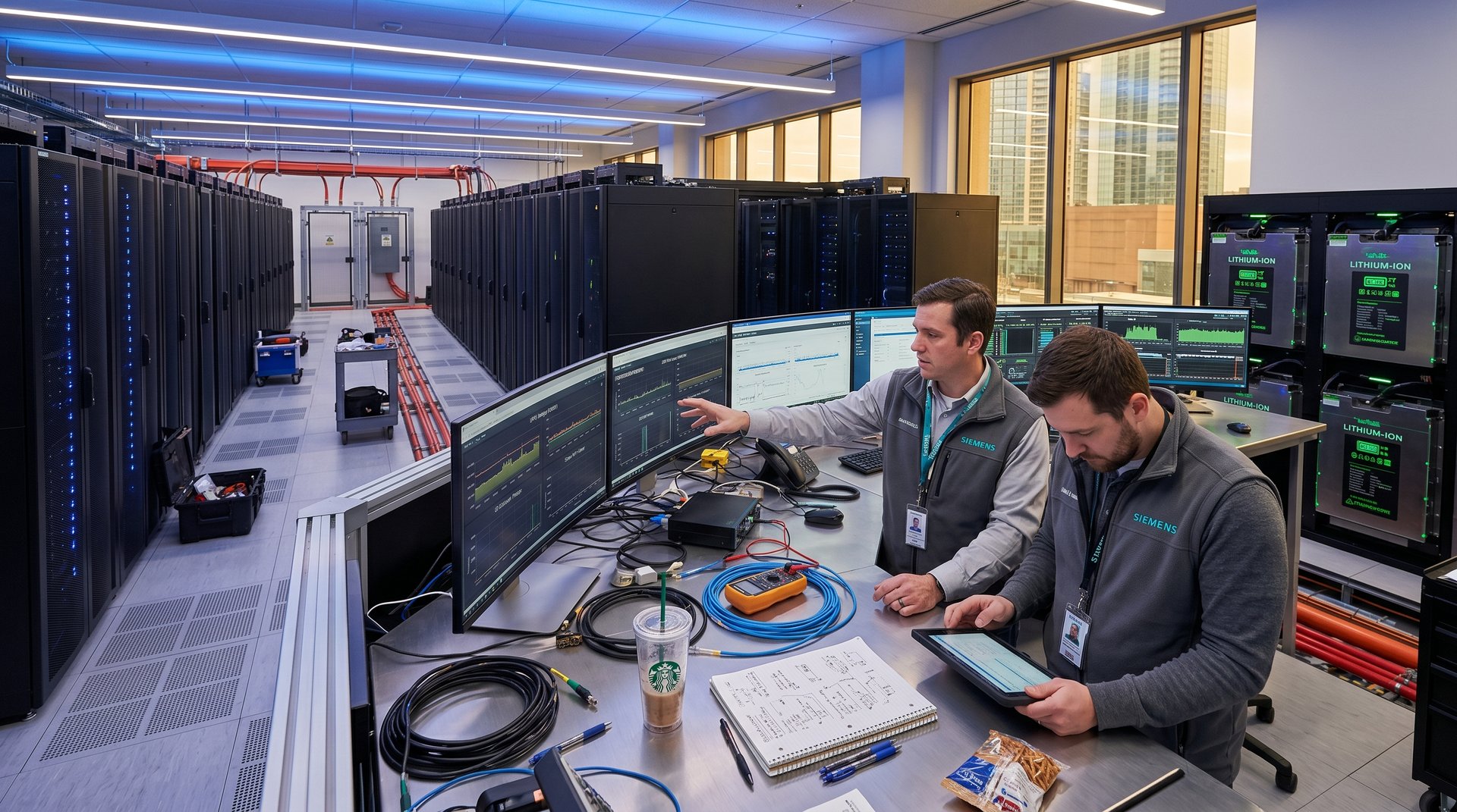 High-tech data center with server racks, lithium-ion battery systems, and power monitoring displays