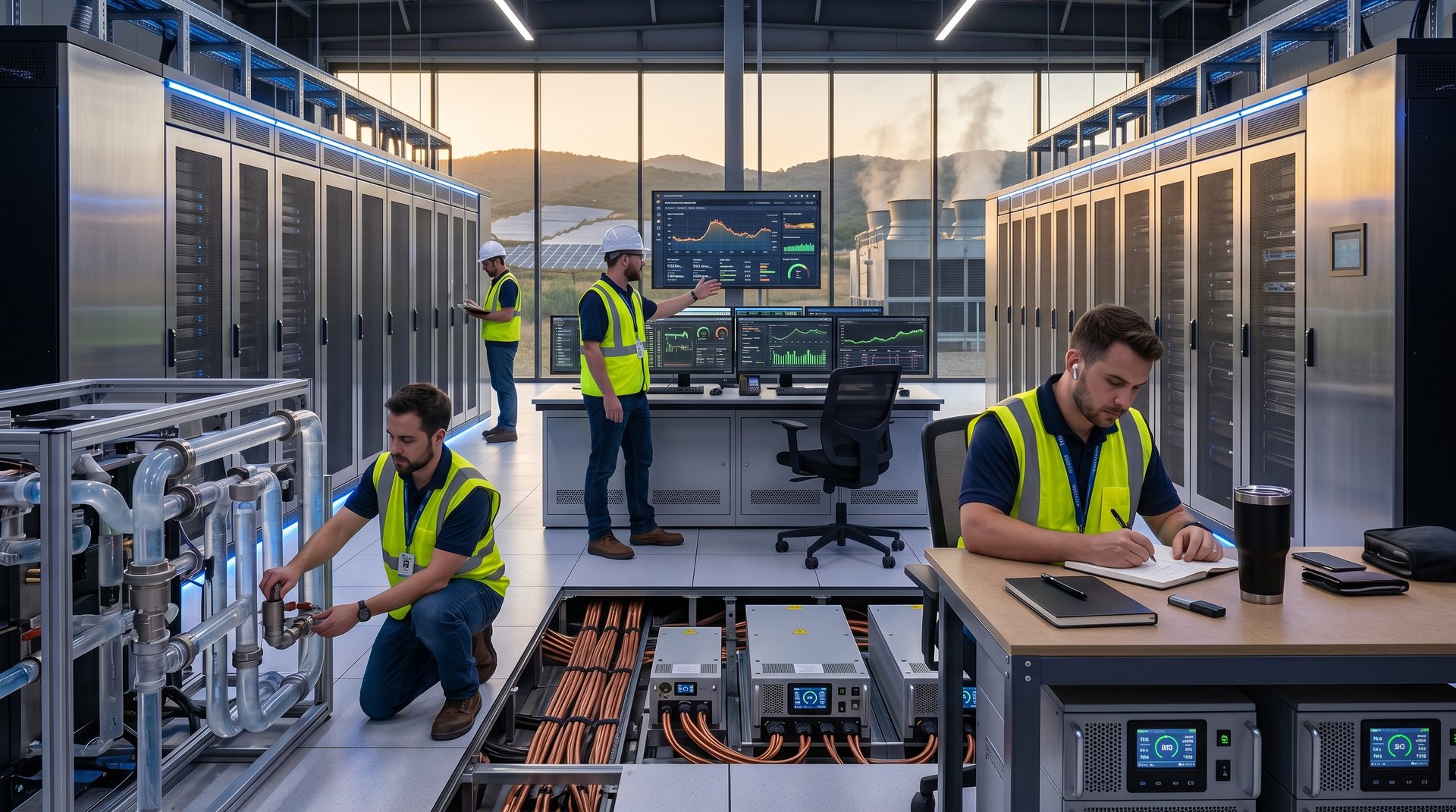 Technicians monitor server racks and battery storage consoles in a bustling Tier IV data center powering finance AI workloads