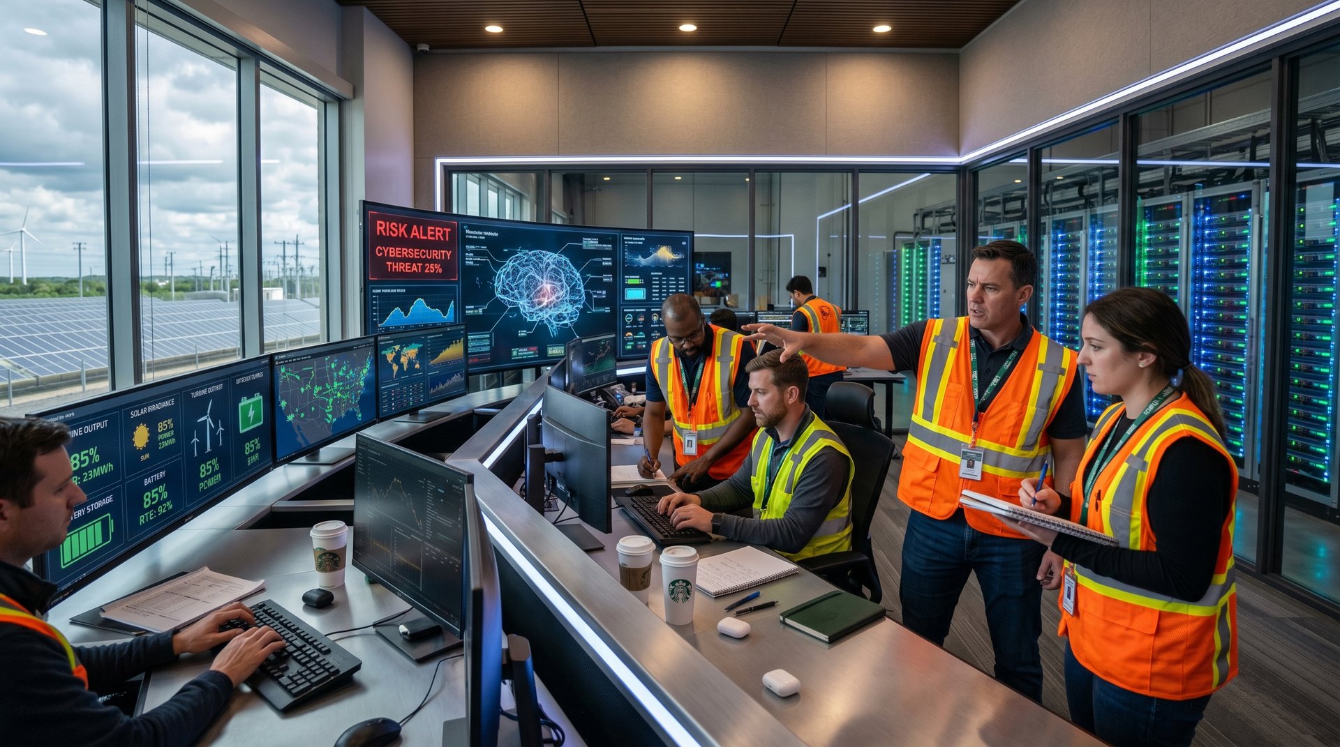 Engineers monitor OpenAI cybersecurity battery storage risks and smart grids in control room