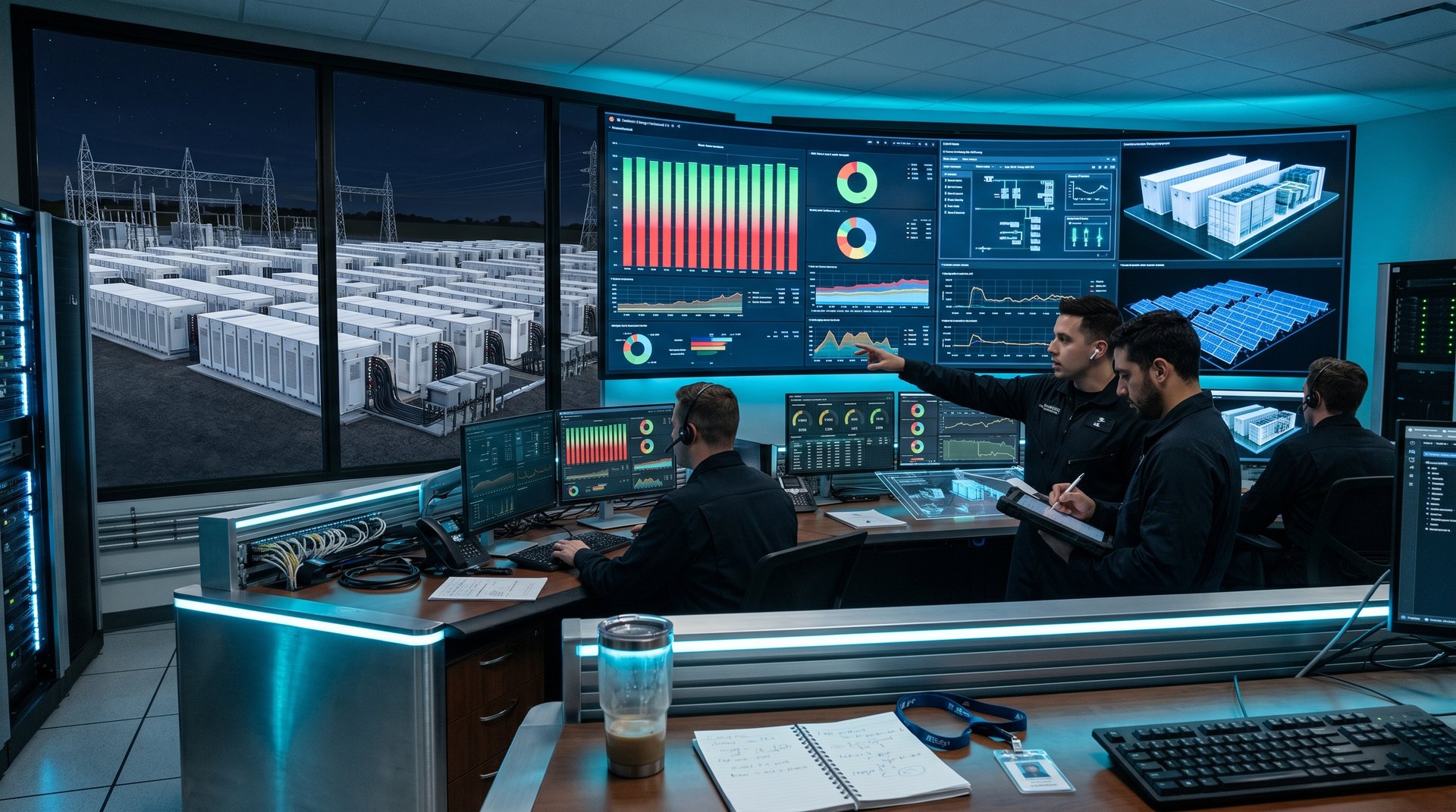 Data center control room with BESS performance dashboards, AI demand graphs, and grid stability metrics amid battery storage infrastructure