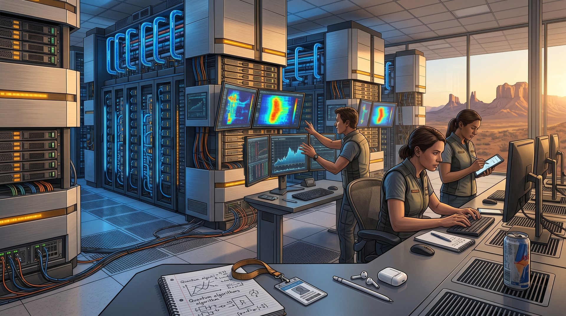 Server racks with liquid cooling and heat maps in modern supercomputing data center overlooking desert mesa