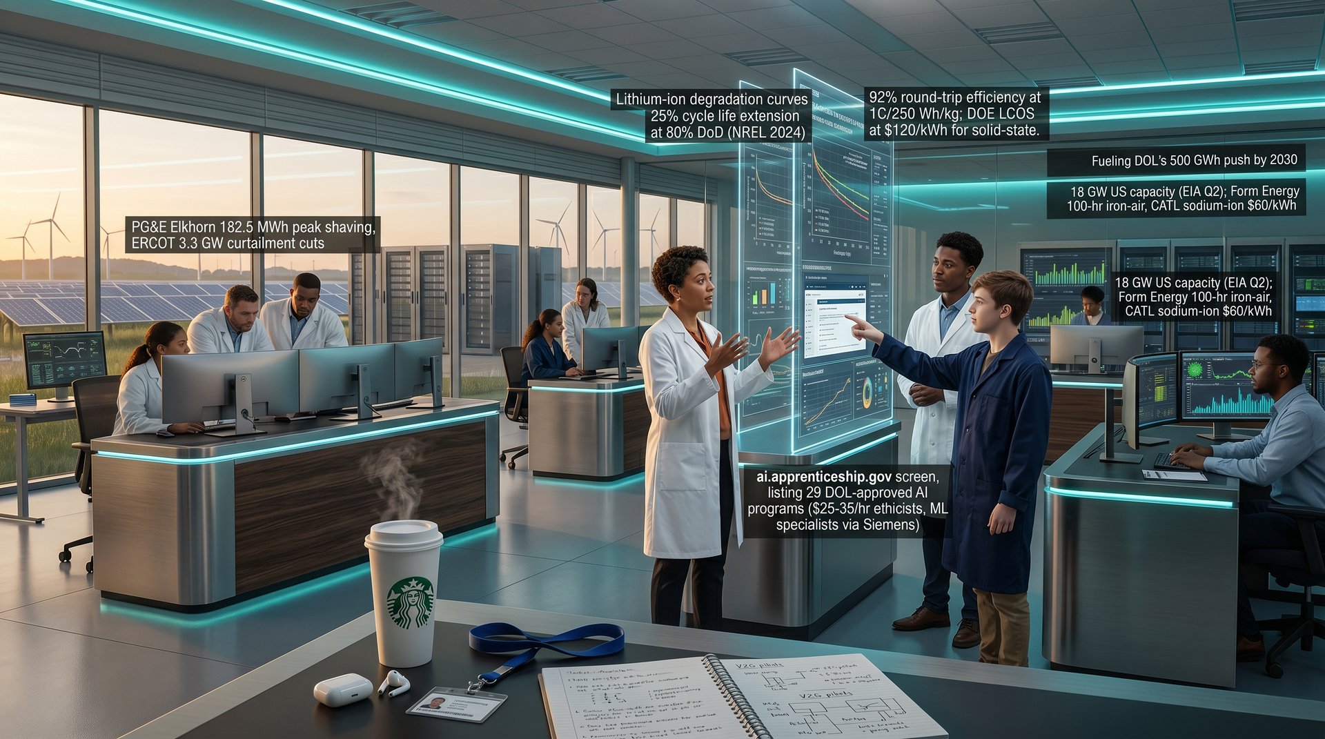Energy lab with AI battery optimization graphs at 92% RTE, smart grid models, NREL data visuals, and renewables