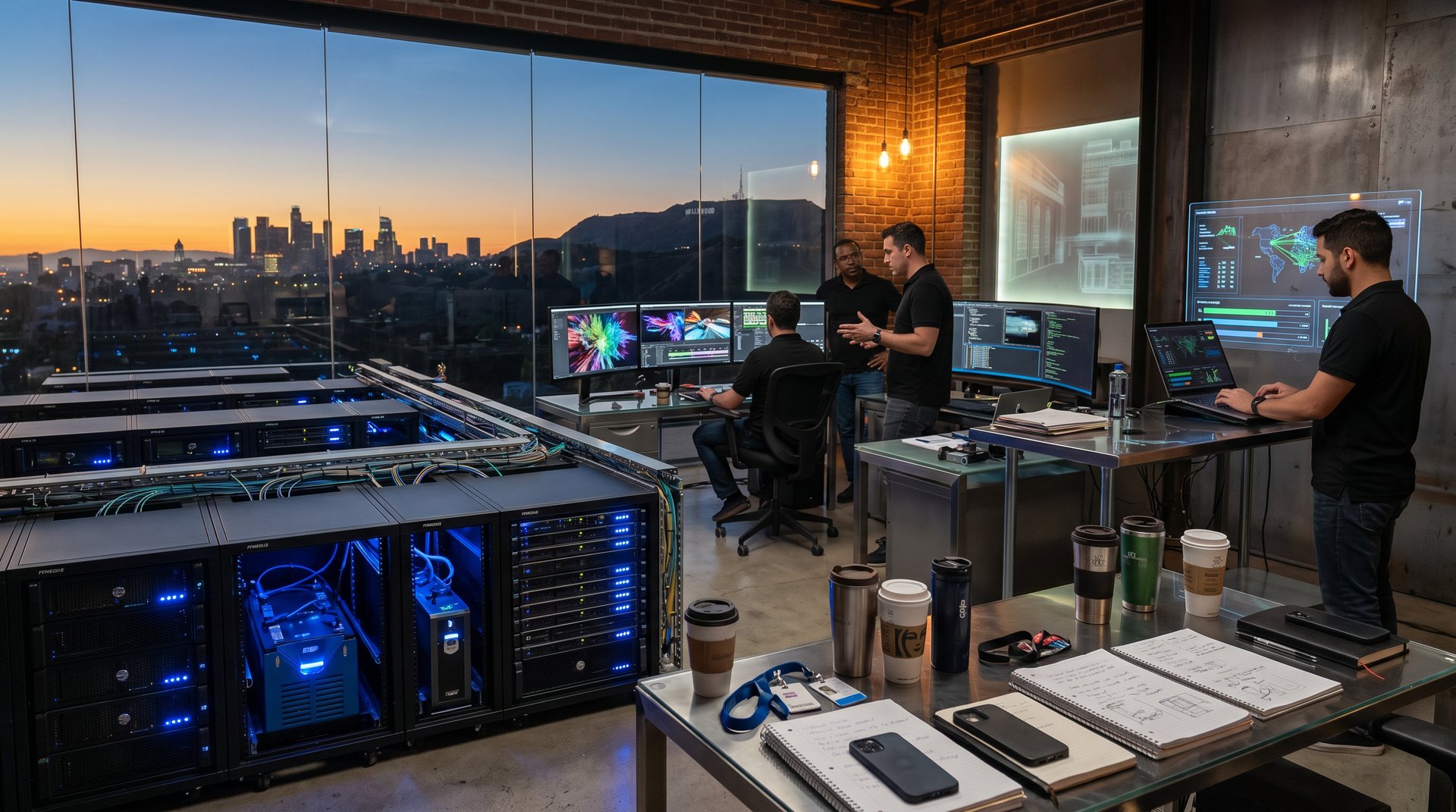 VFX studio render farm with integrated LFP battery racks, AI scenes on monitors, Hollywood dusk skyline