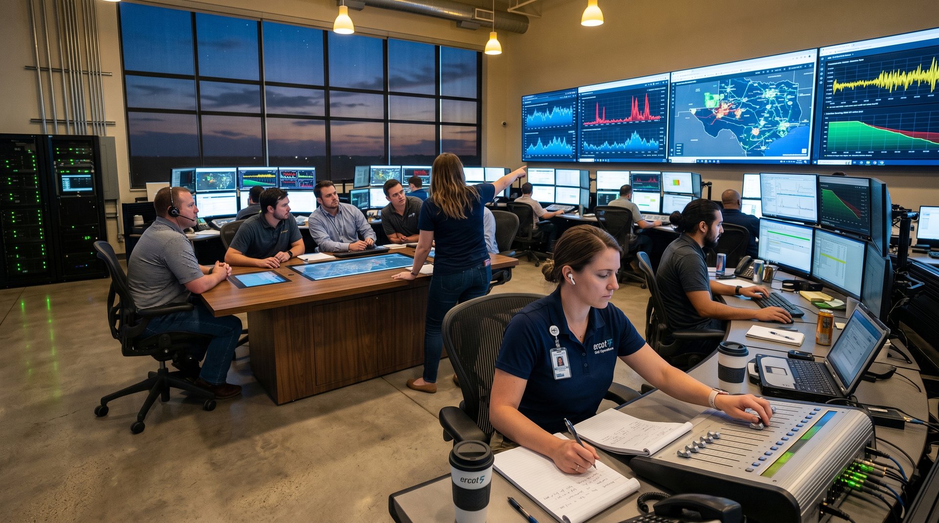 ERCOT control room monitors crypto mining grid strain with battery discharge curves and load maps on screens