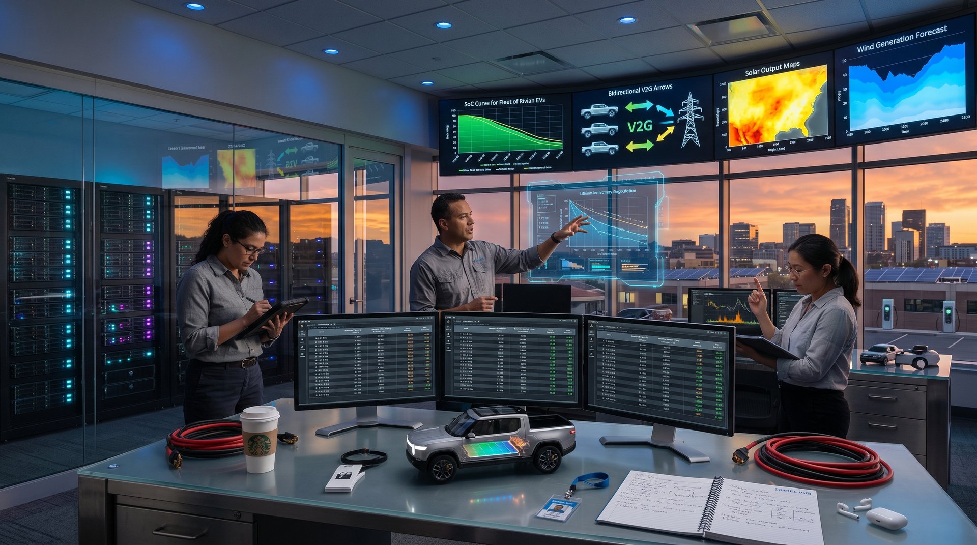 Control room monitors Rivian EV V2G battery storage data on video walls amid modern grid operations setup