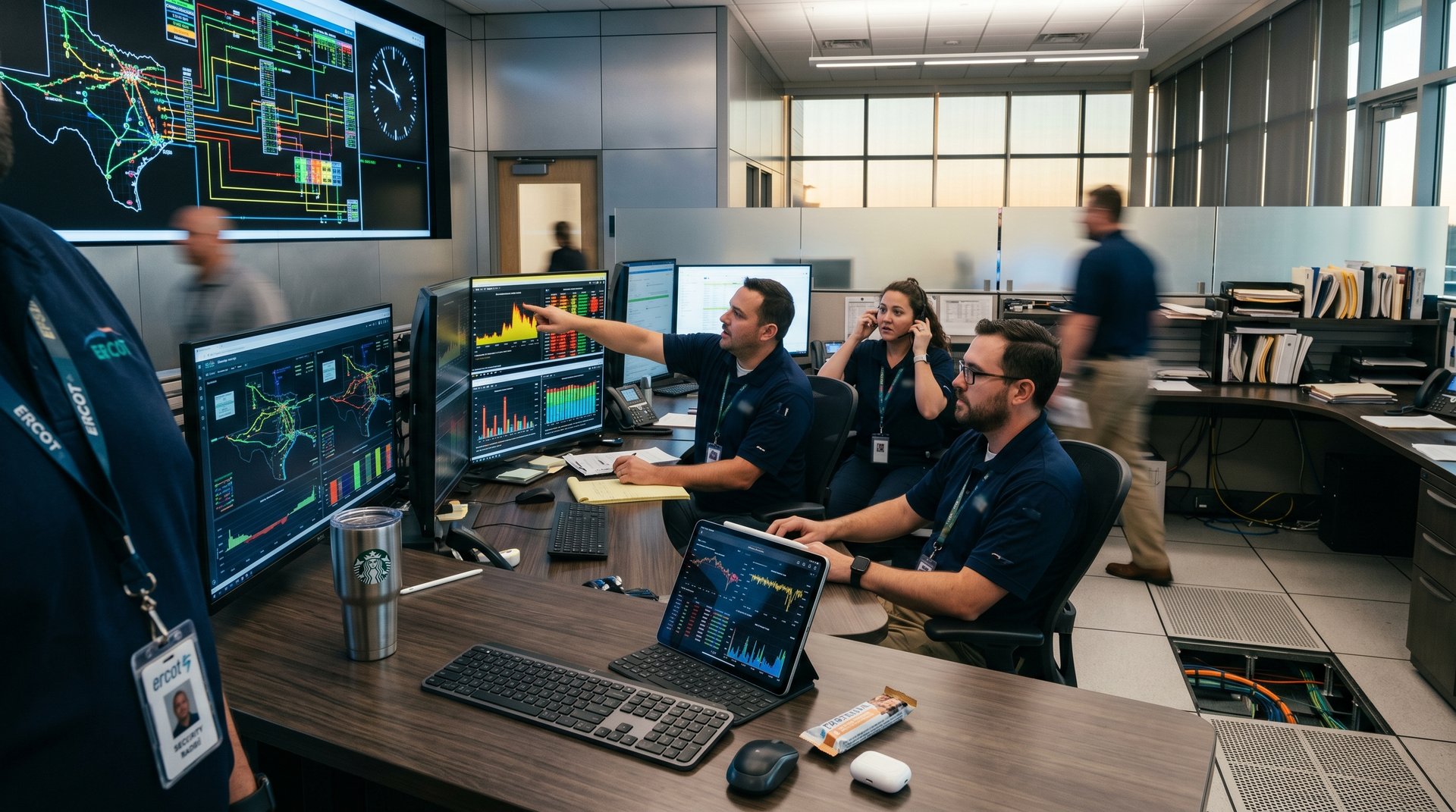ERCOT control room monitors grid loads from crypto mining, battery storage icons on displays