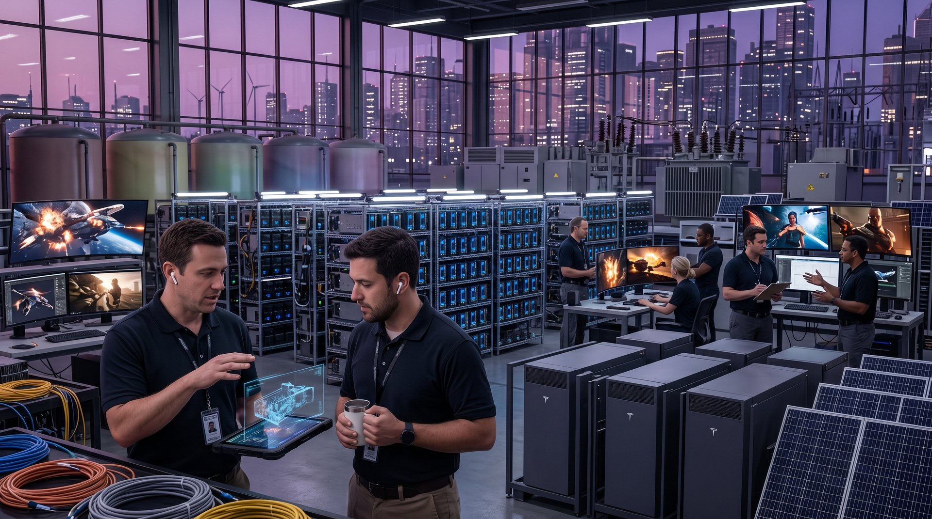 Hollywood AI render farm with GPU racks, Megapack batteries, and hyper-realistic video displays amid renewable energy integration