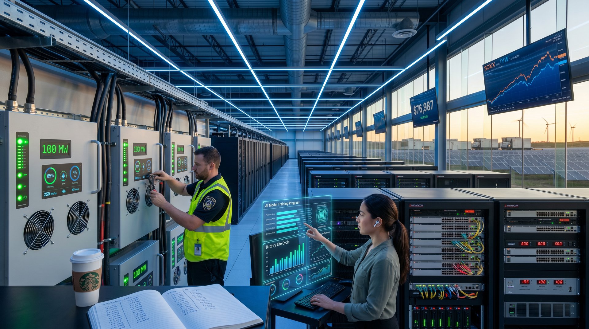Server racks with GPU clusters and lithium-ion battery enclosures in modern data center with power monitors and equipment