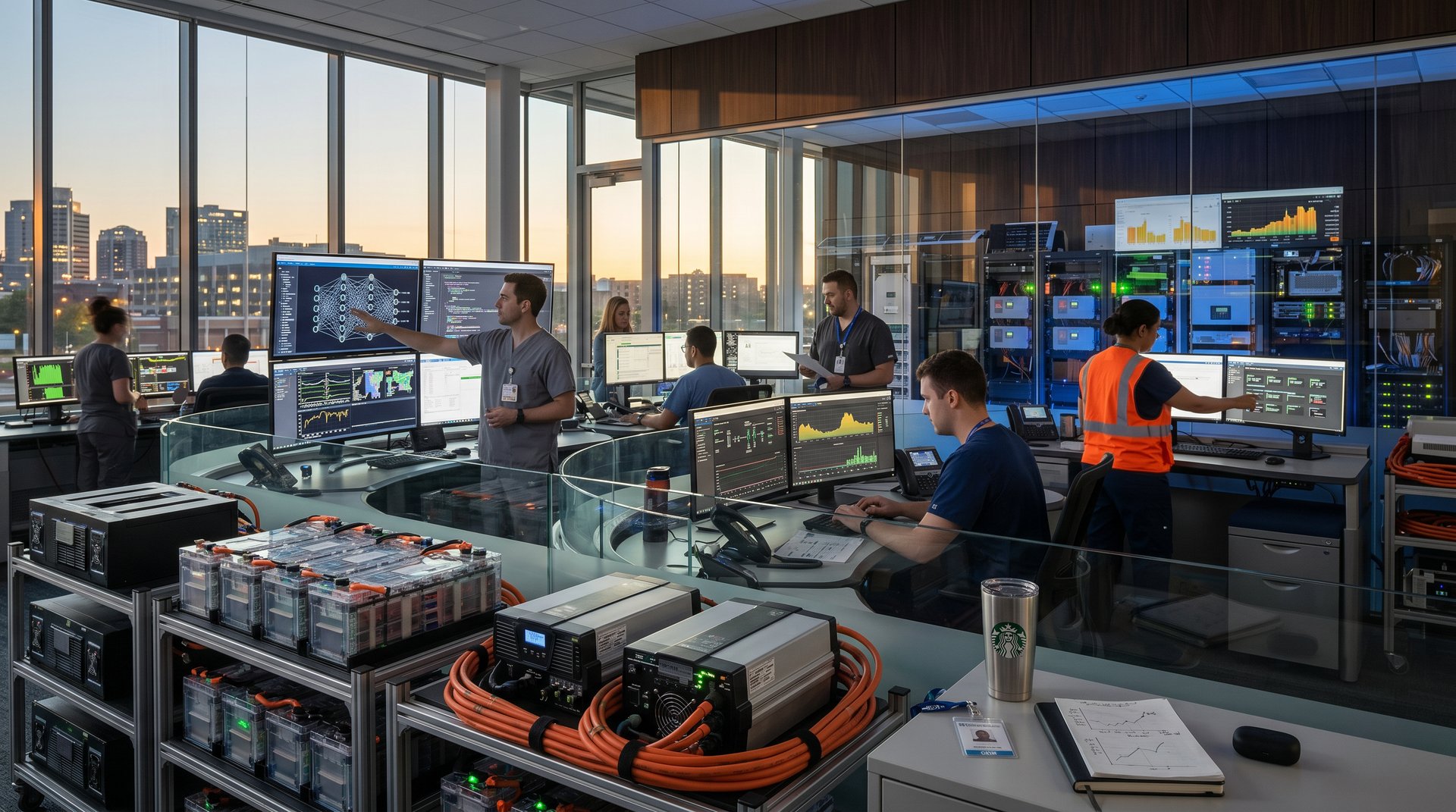High-tech ER control center with AI scans, battery storage racks, and EV V2G chargers ensuring grid stability.