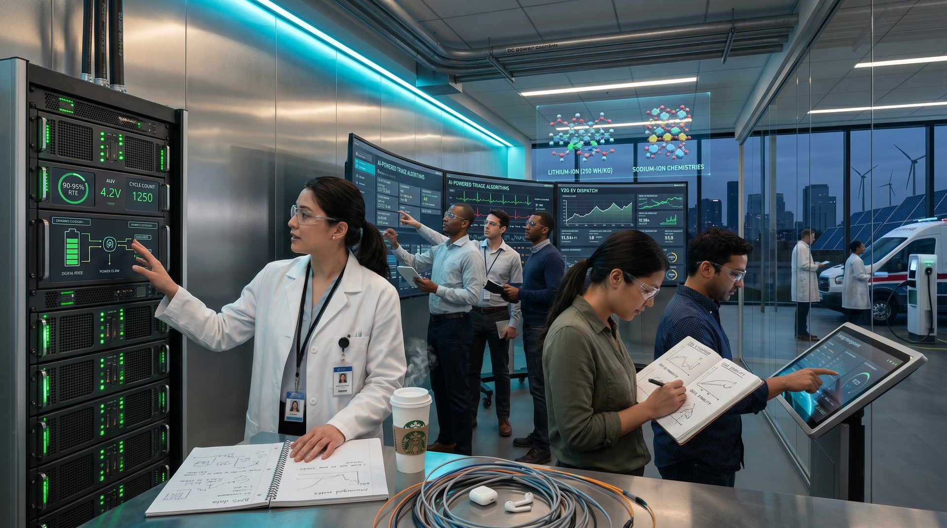 Hospital AI control room featuring battery storage racks, V2G EV stations, and diagnostic screens in modern lighting