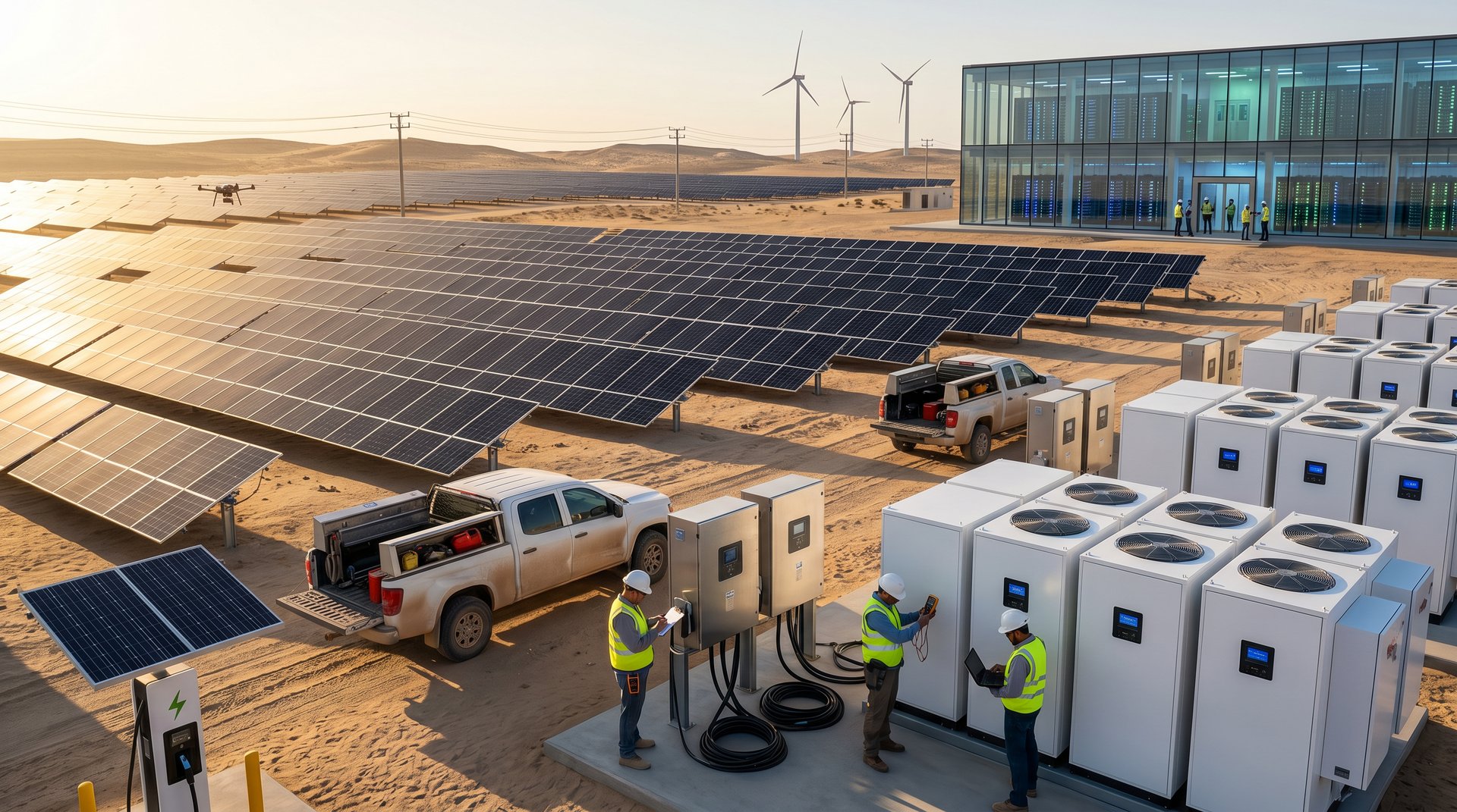 Solar farm with battery storage containers and wind turbines powering data center for AI healthcare diagnostics