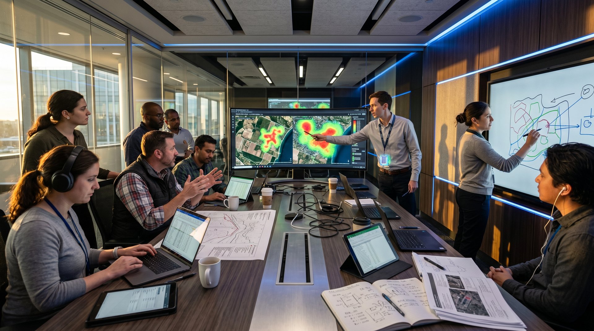 Engineers review AI land use maps and battery site risks on monitors in a modern energy lab conference room