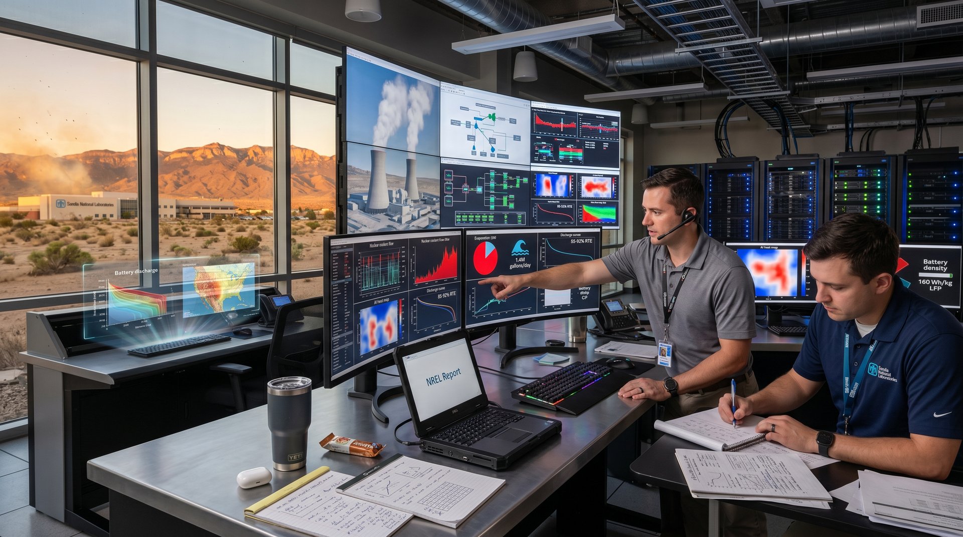Control room displays nuclear cooling flows and AI data amid New Mexico desert