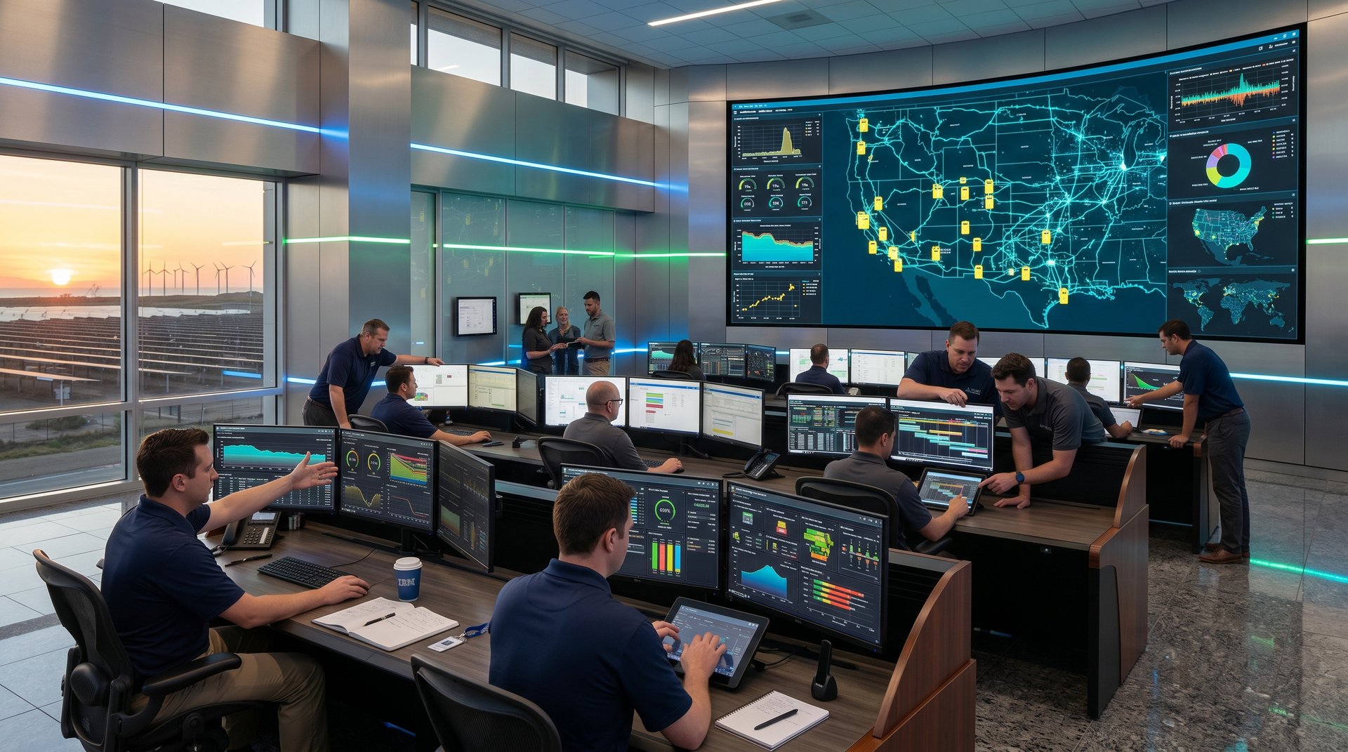 AI dashboards on video wall show battery dispatch and grid stability in control center