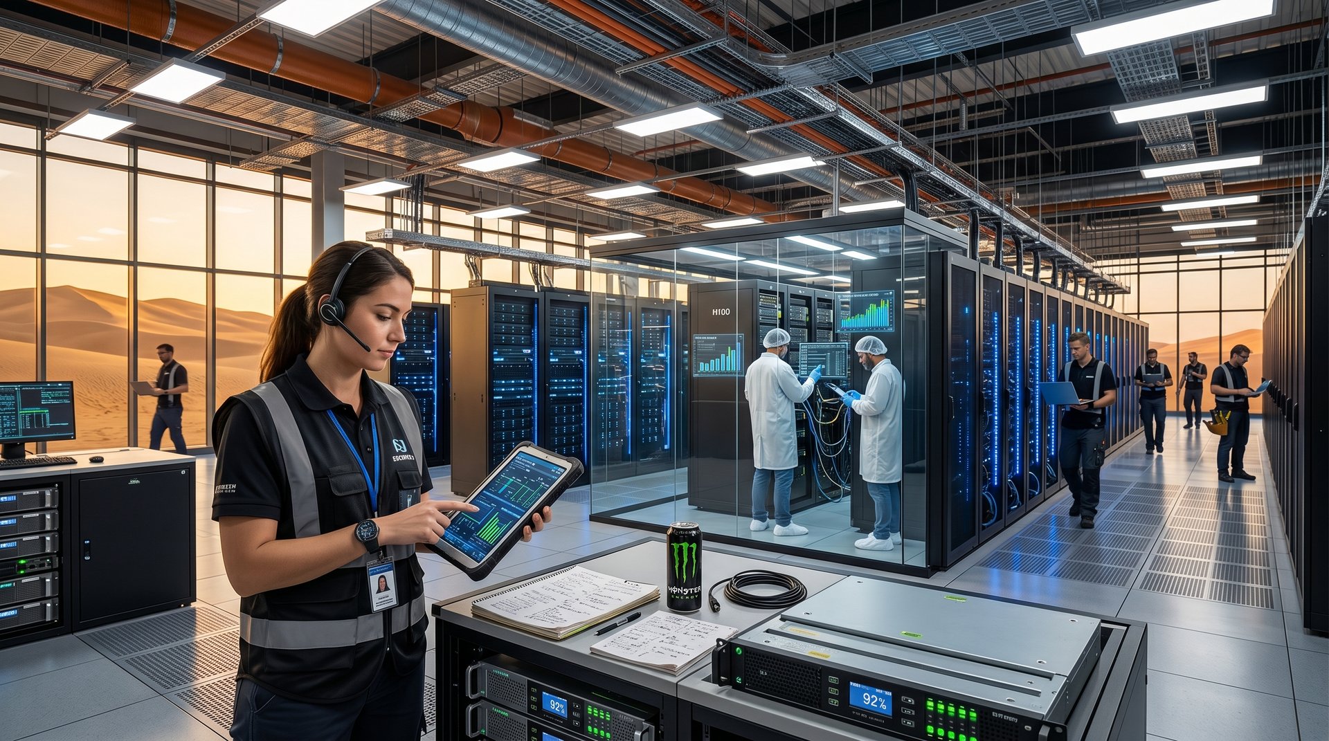 Modern data center interior featuring battery storage modules integrated with AI server racks and power management systems