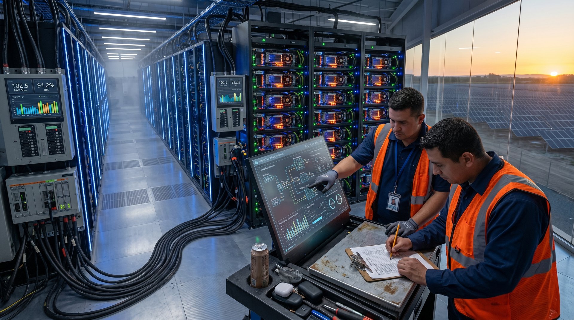 Hyperscale data center with AMD GPU racks and adjacent Megapack BESS units, monitors showing AI power metrics