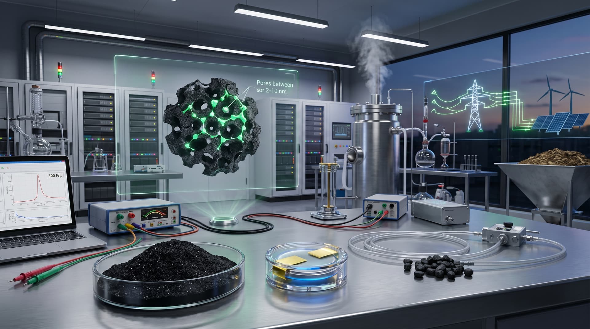 AI-Enhanced Biochar Hits 300 F/g Capacitance for Grids