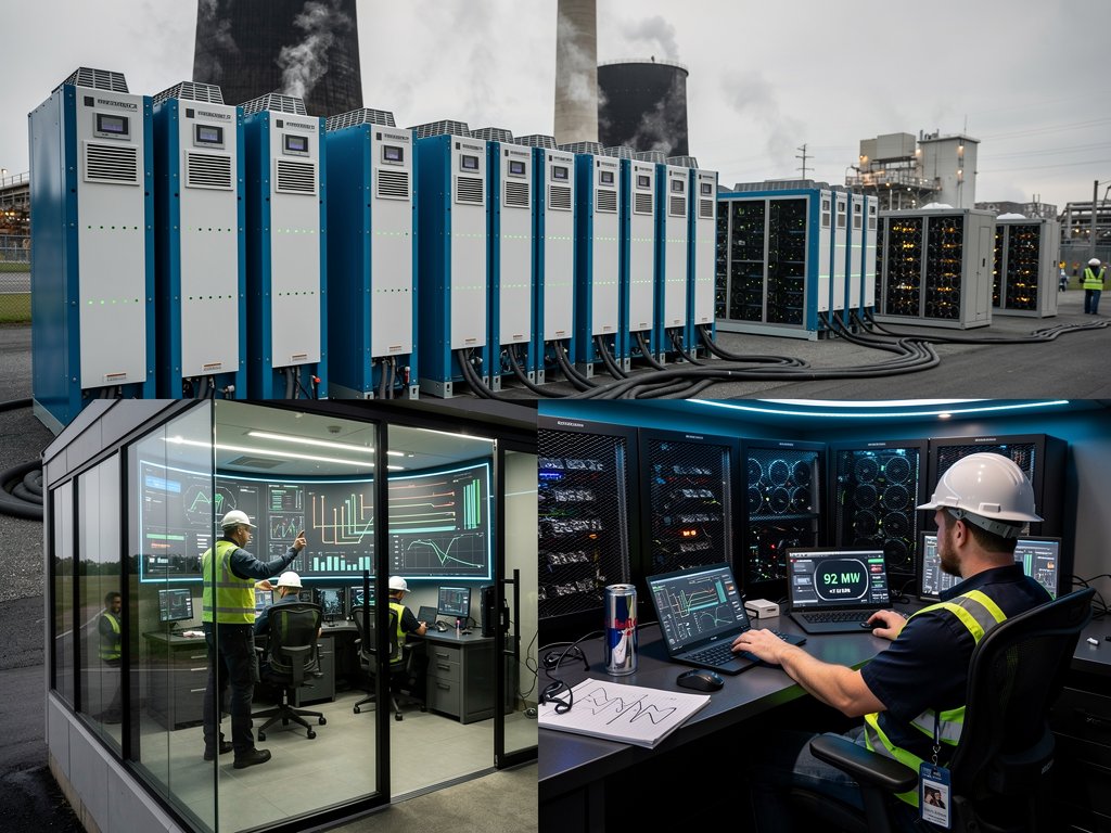 Battery storage systems stabilize grid at Grant Town Power Plant amid 50-100MW crypto mining loads, with control screens and industrial infrastructure