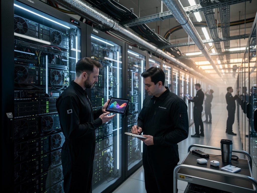 Engineers maintain BESS and GPU servers in advanced data center with grid power monitors