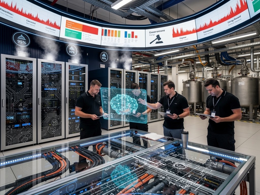 Futuristic data center server racks and grid battery arrays with 2 TW queue graphs amid grid storage policy reforms