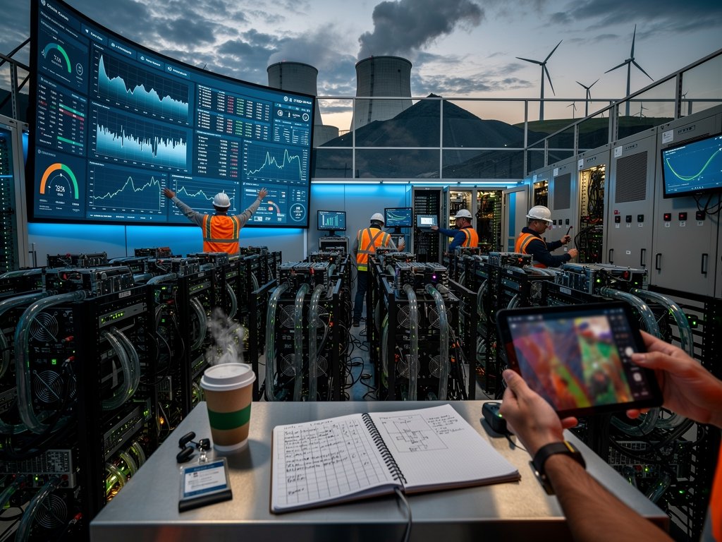 Crypto mining control center with grid storage metrics next to Grant Town coal plant