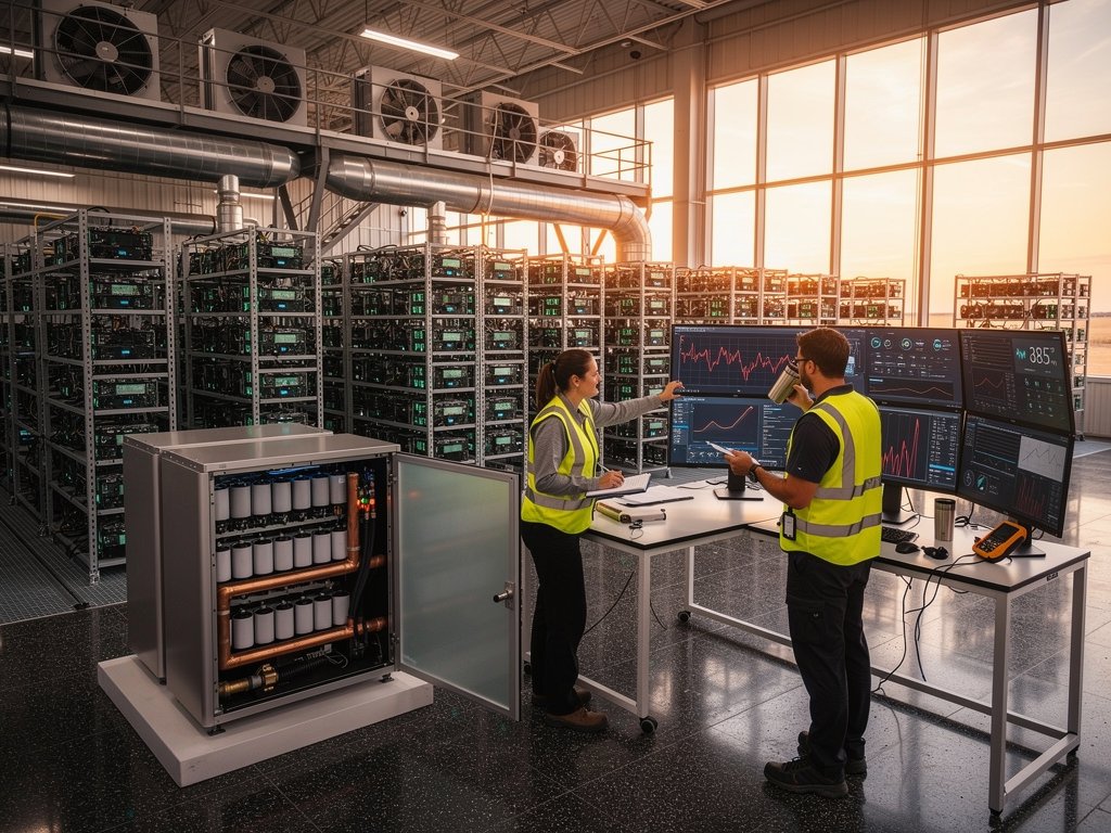 Bitcoin mining rigs and Tesla Megapack batteries in Texas data center with solar and wind backdrop
