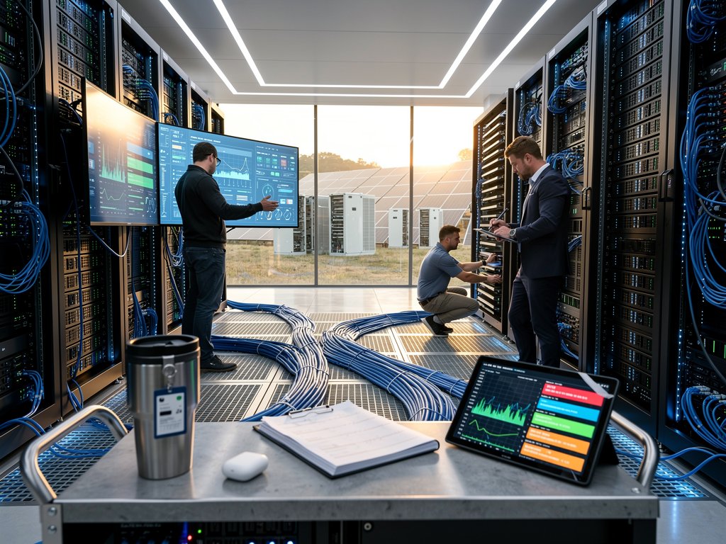 Hyperscale data center with GPU racks, power cables, and monitoring consoles amid solar integration views