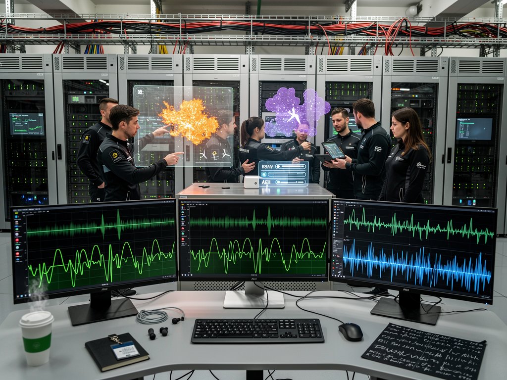 Engineer at console monitors grid storage and AI loads on multi-screen setup in modern data center operations room with battery racks visible