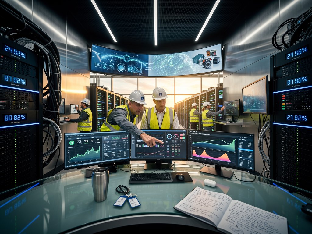 Control room monitoring grid storage batteries and AI data center power flows with crypto market charts