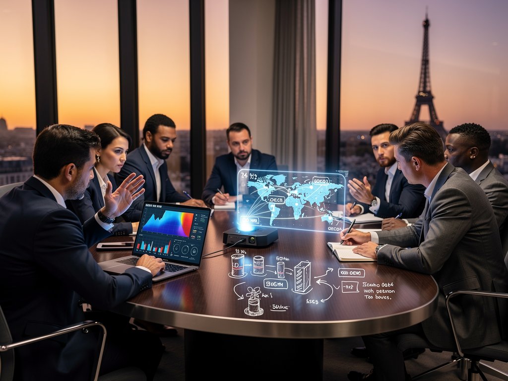 AI visualizations of nuclear BESS safety and grid models in modern NEA conference room overlooking Paris