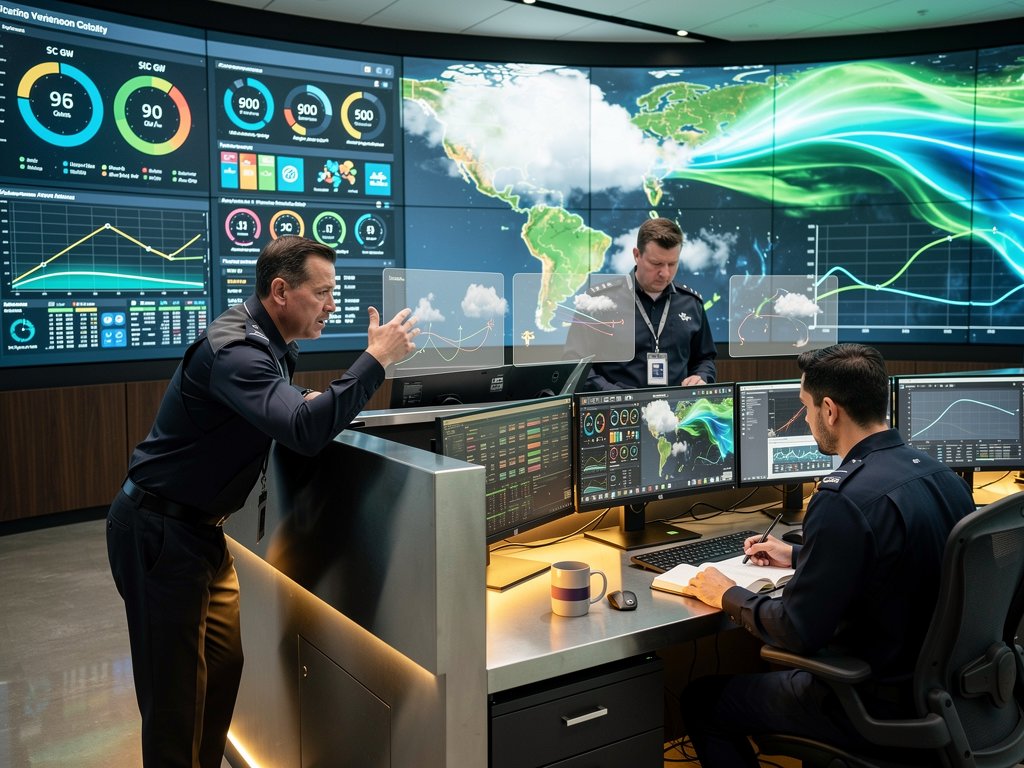 AI-driven grid control room visuals of 6 GW storage forecasts, renewable integration, and V2G data on massive video walls
