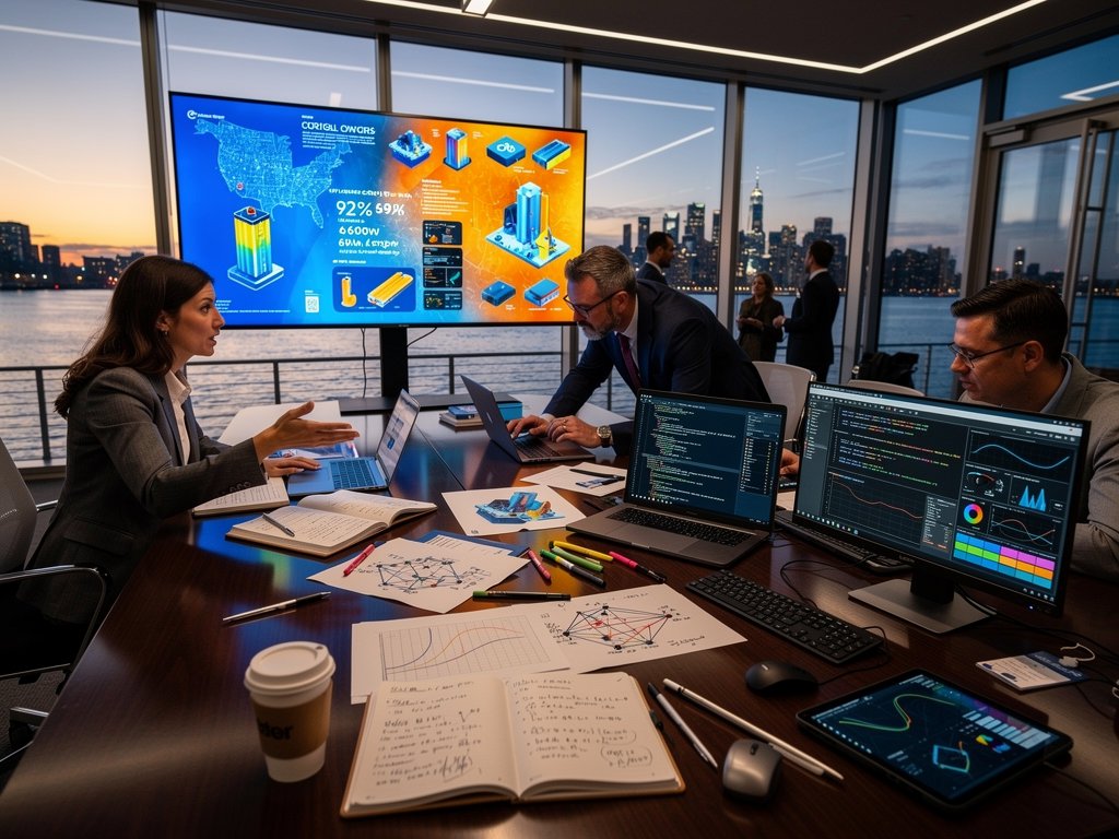 Energy officials collaborate on AI battery models in Cornell Tech lab with river view, monitors, and modern training setup