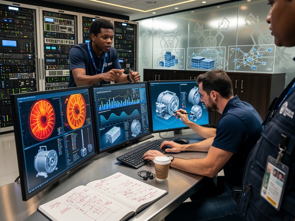 Engineers at NSWCPD lab desks review AI dashboards showing machinery health predictions on multi-monitor arrays amid high-tech equipment