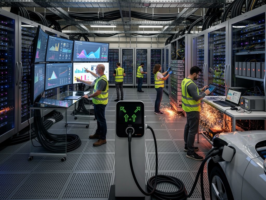 Futuristic data center with glowing servers, power cables, and grid storage holograms during Tennessee sunset