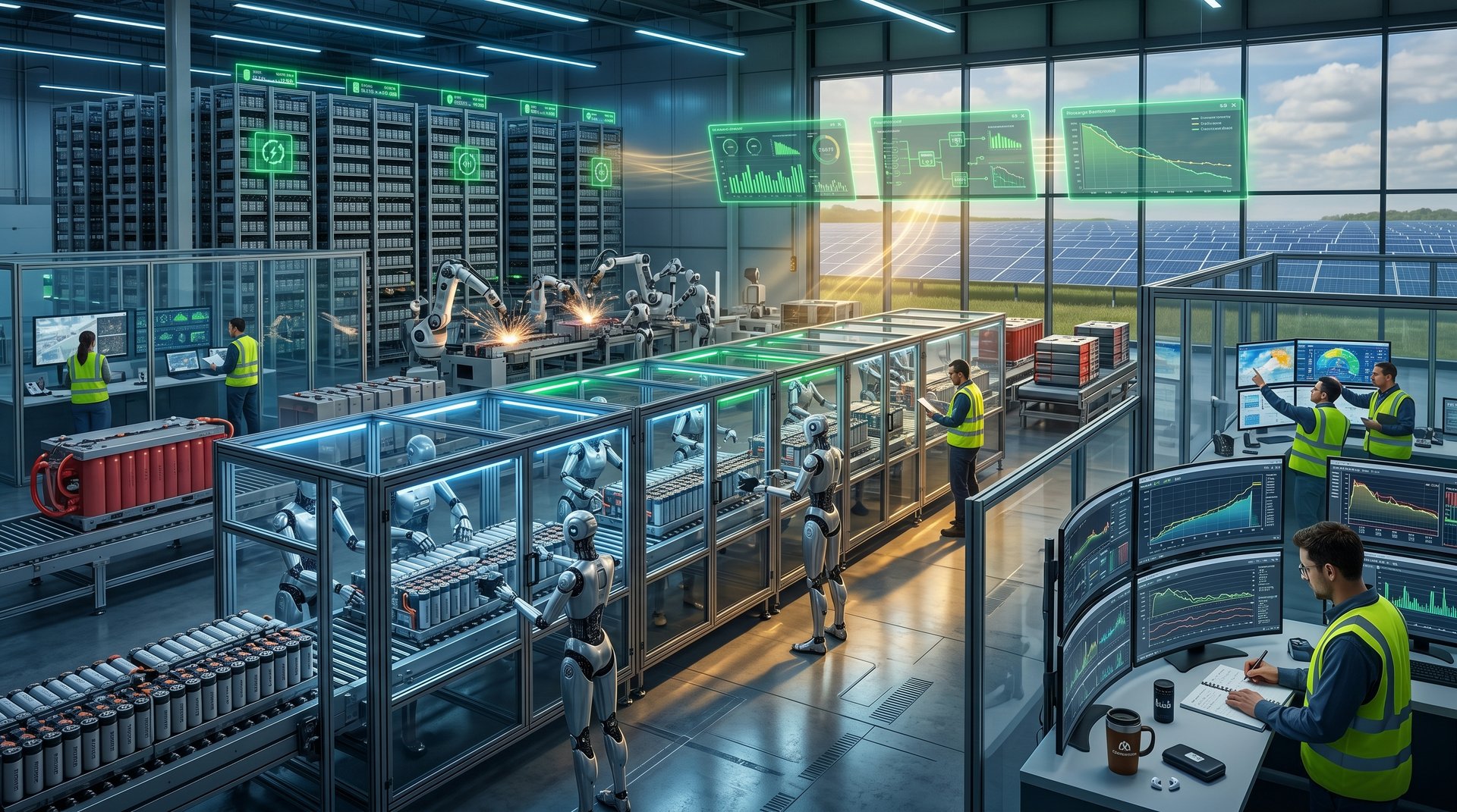 Futuristic factory with OpenAI robots optimizing energy flows and grid storage integration visuals