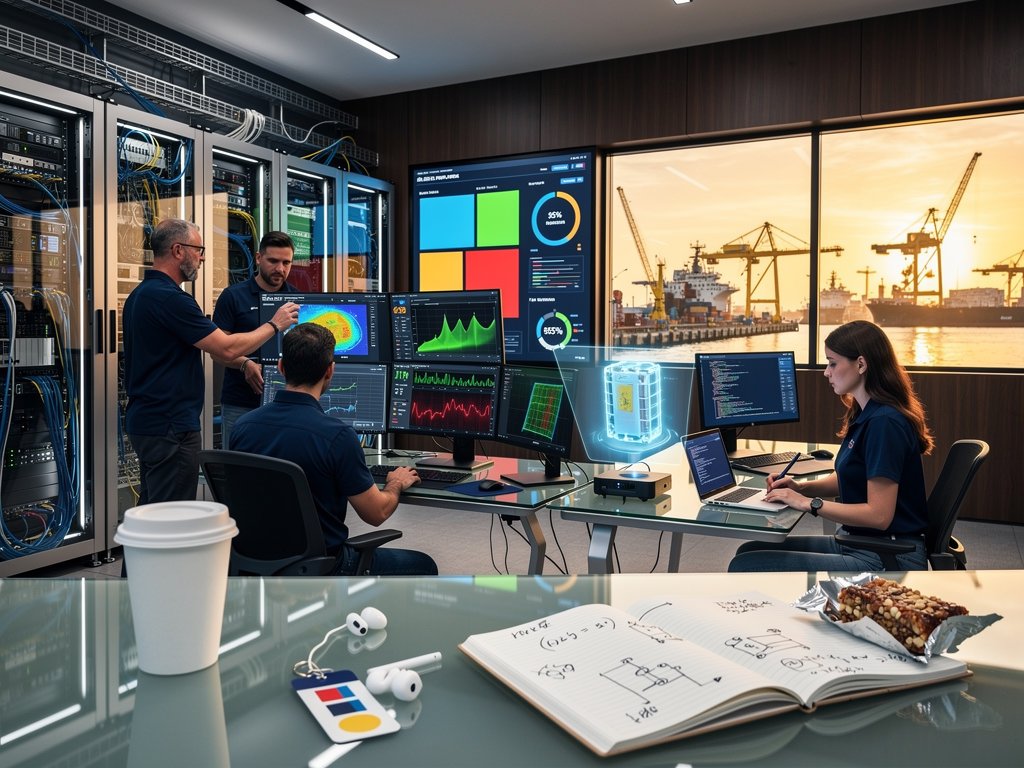 AI dashboards showing predictive battery health models on multi-screens in NSWCPD lab for grid BESS reliability