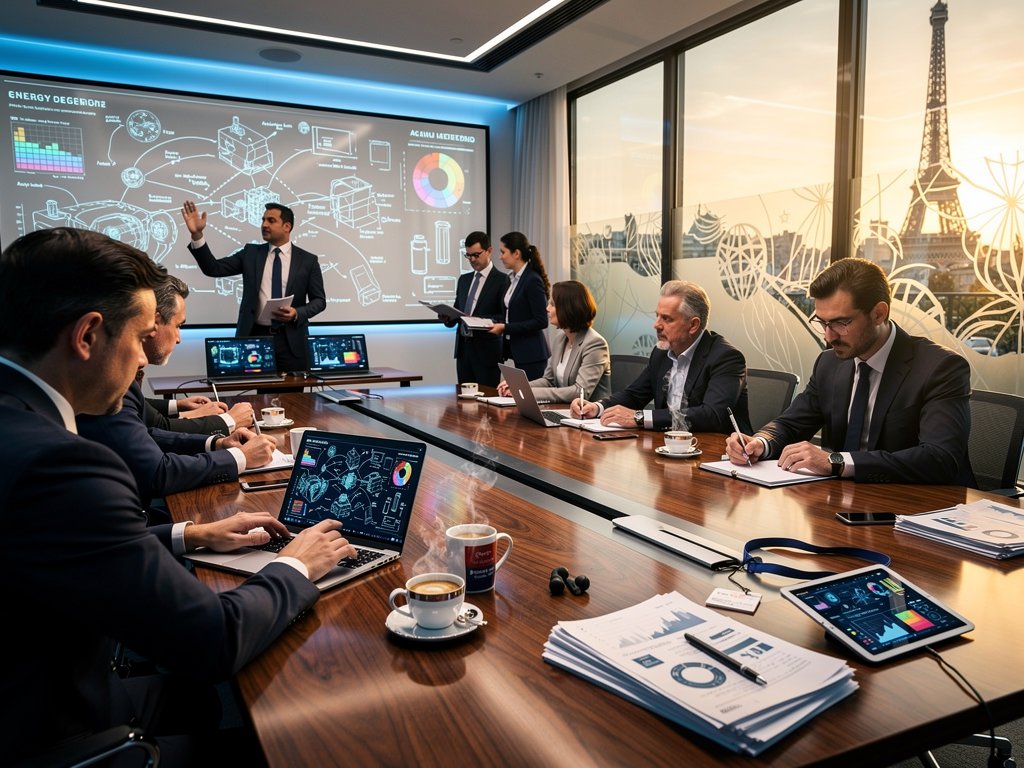 NEA boardroom scene with AI-nuclear charts on screens, laptops, and documents on table overlooking Paris