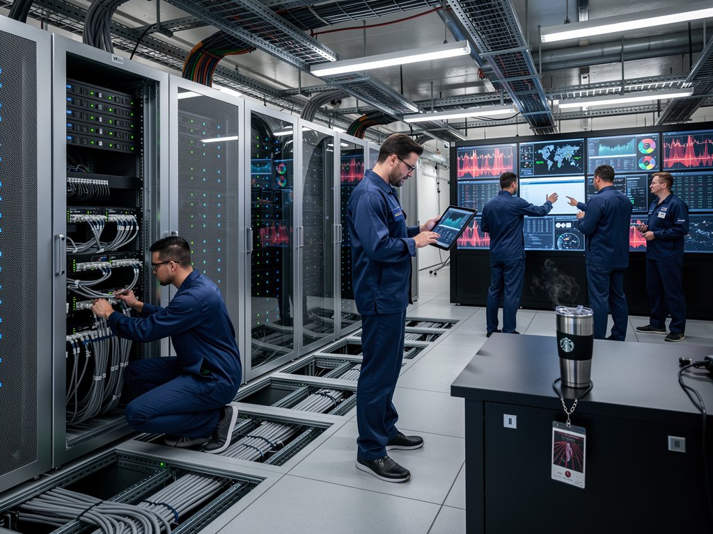 Grid-scale battery banks powering server racks in modern AI data center